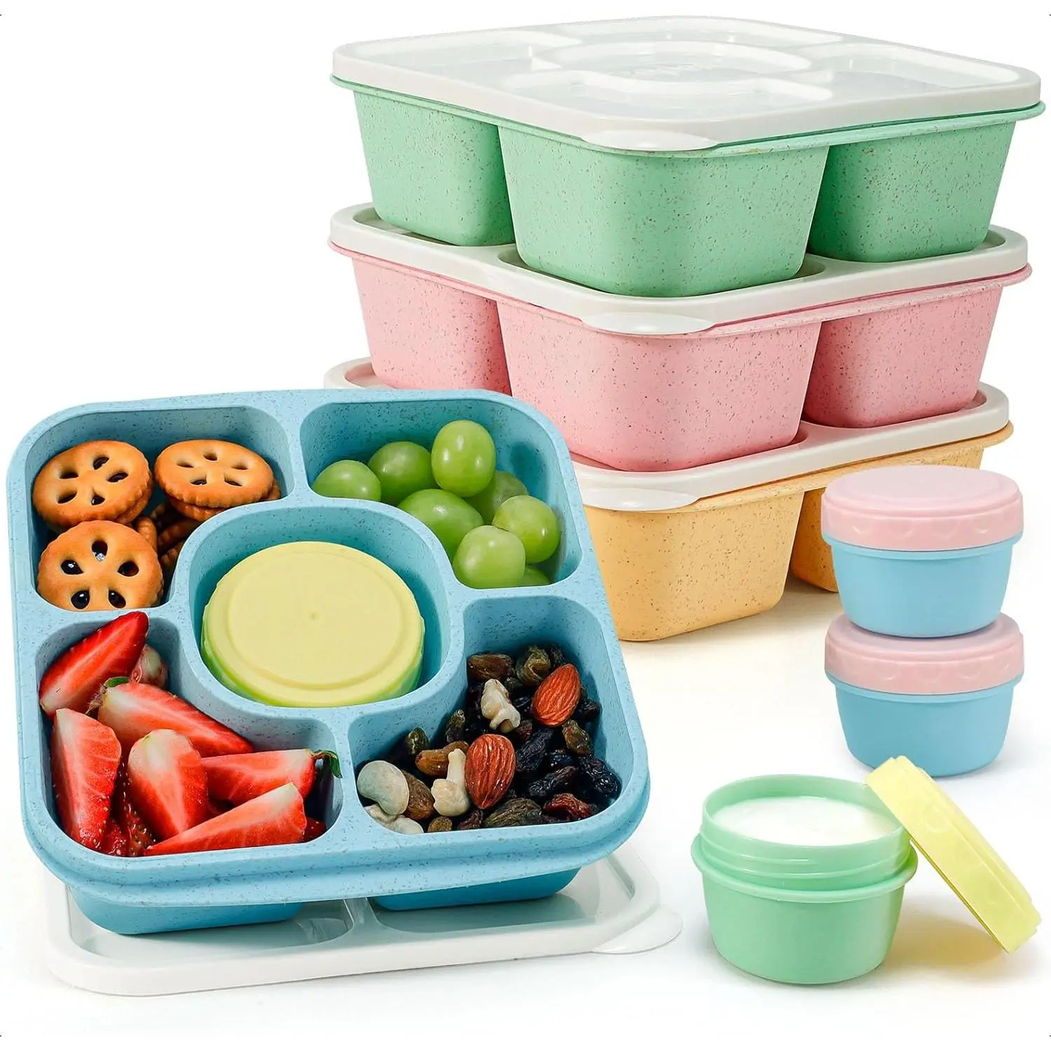 Wheat Straw BPA-Free Lunch Box Set - 5-Compartment Microwave-Safe Reusable Bento Containers with 4 Leakproof Small To-Go Food Containers for Kids, Adults