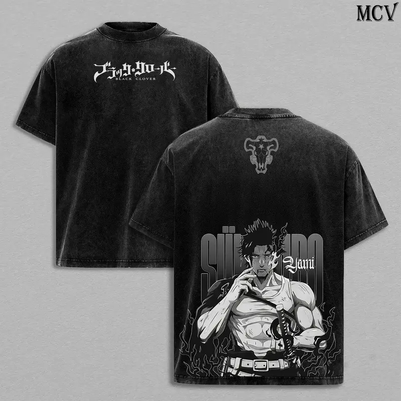 Yami Sukehiro Black Clover Tee Washed – Vintage Oversized Heavy Cotton Double Printed Anime Manga T-Shirt, Retro Unisex Streetwear Graphic Top, Black Bulls Captain Collector Edition