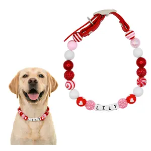 Custom Red Valentines Day Beaded Dog Collar -Adjustable
