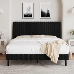 HOMBCK Velvet Upholstered Platform Bed with Vertical Channel Tufted Headboard and Footboard, No Box Spring Required, Easy Assembly