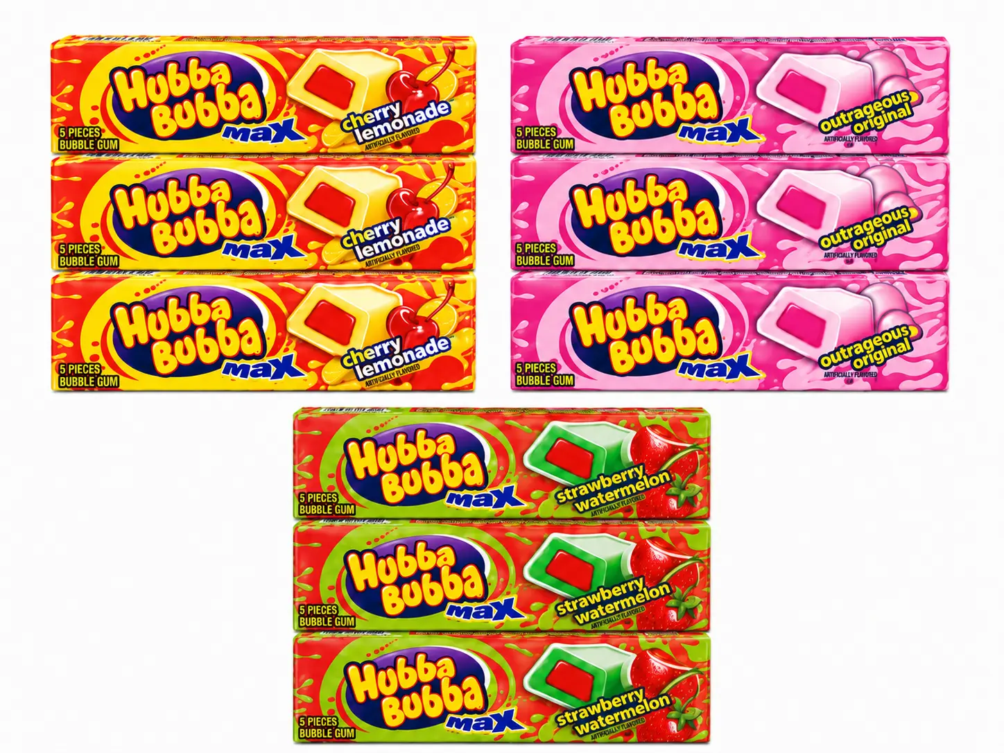 Hubba Bubba Max Bubble Gum - Variety Pack 3 Flavors (Total of 9 Packs of Gum) - Cherry Lemonade,  Strawberry Watermelon & Outrageous Original Bubble Gum - 3 Packs of Each Juicy Flavor