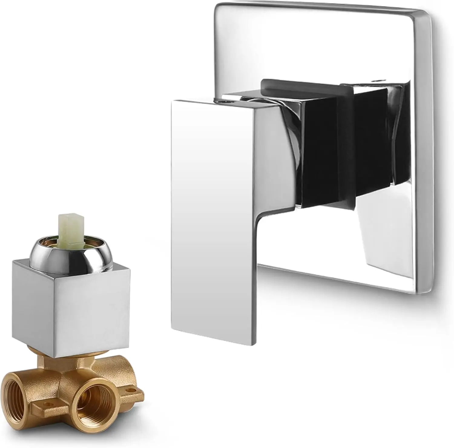 Polished Chrome Square Single-Function Shower Faucet Set - Wall-Mount Brass Rough-In Valve Bathroom Trim Kit with Tub Mixer Control, 1/2 NPT Standard Threaded Connector, Anti-Fingerprint Replacement Kit Set