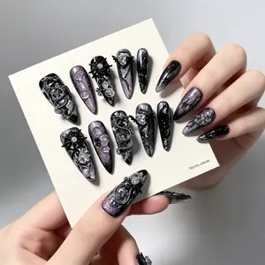 10pcs Truth Amor Handmade Press on Nails, Cat Eye Ombre, 3D Snake & Crystal Charms, Reusable for Party, Y2K Gothic Grunge