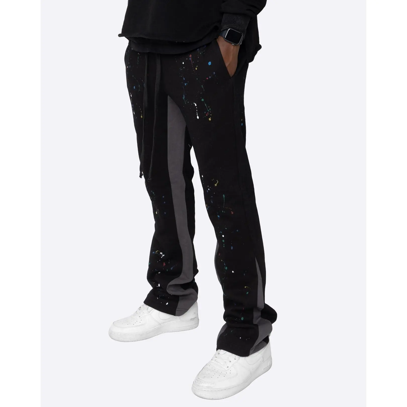 Contrast Panel Paint Splatter Sweatpants (Black) - Heavyweight French Terry, Flared, Vintage Style,