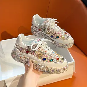 Women's Sparkling Rhinestone Sneakers - Trendy Low-Top Lace-Up Sneakers with Thick Sole, Round Toe, and Colorful Gemstone Design, Perfect for Casual Wear or Fashion Statements