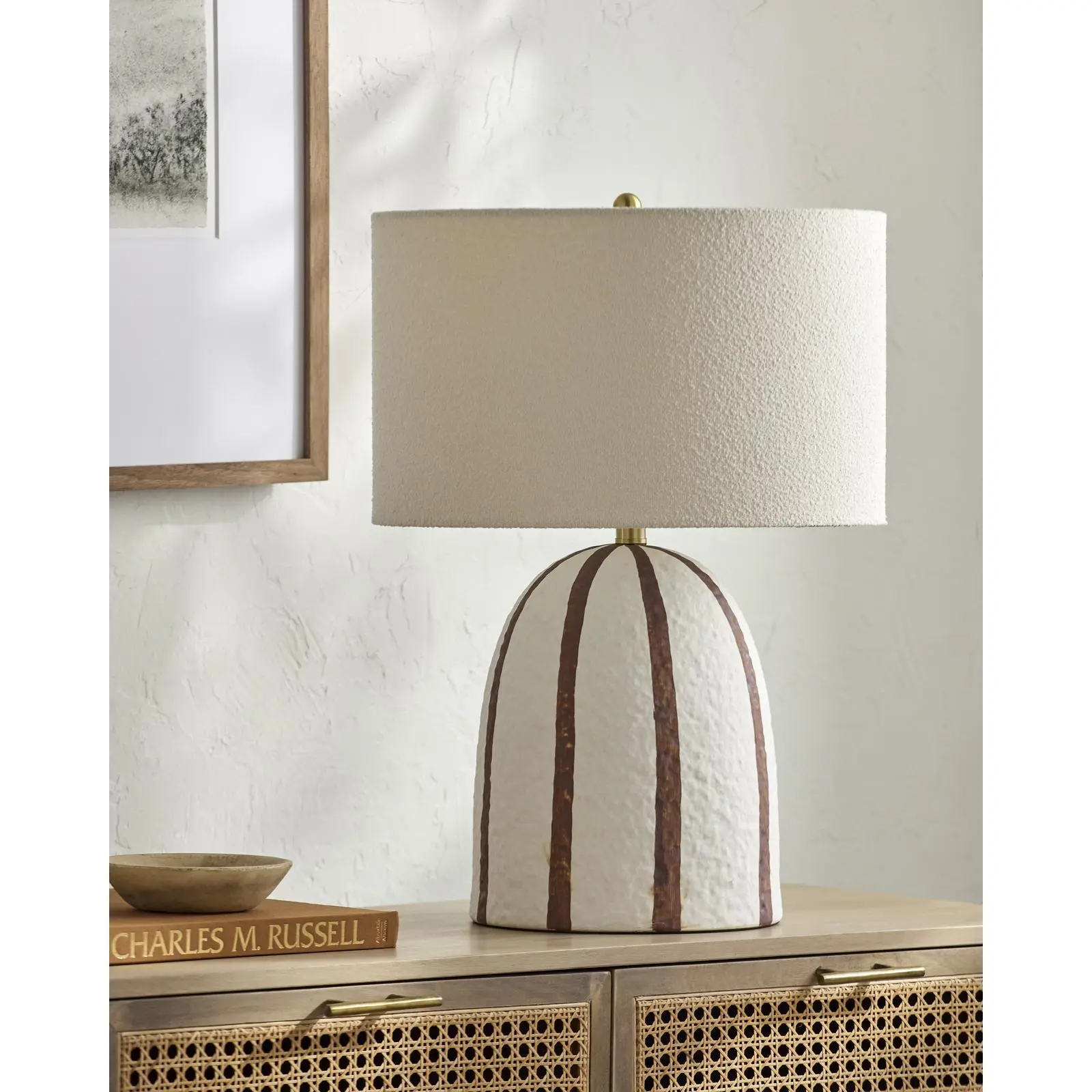 Livabliss Hombori Accent Table Lamp - 24 in Height, Ceramic Body, Dual Fabric Shade, Soft Glow Ambiance Antique-Inspired Circular Craftsman Lamp for Bedroom, Home Improvement Indoor Decor, Ambiance Table Lamps, Antique-Inspired Table Lamps