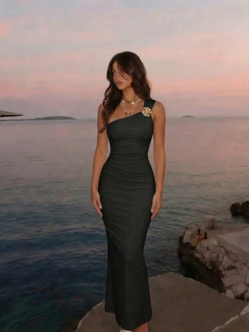slim fit dress slacks Black chiffon dress with a metal gold structured belt main image 1