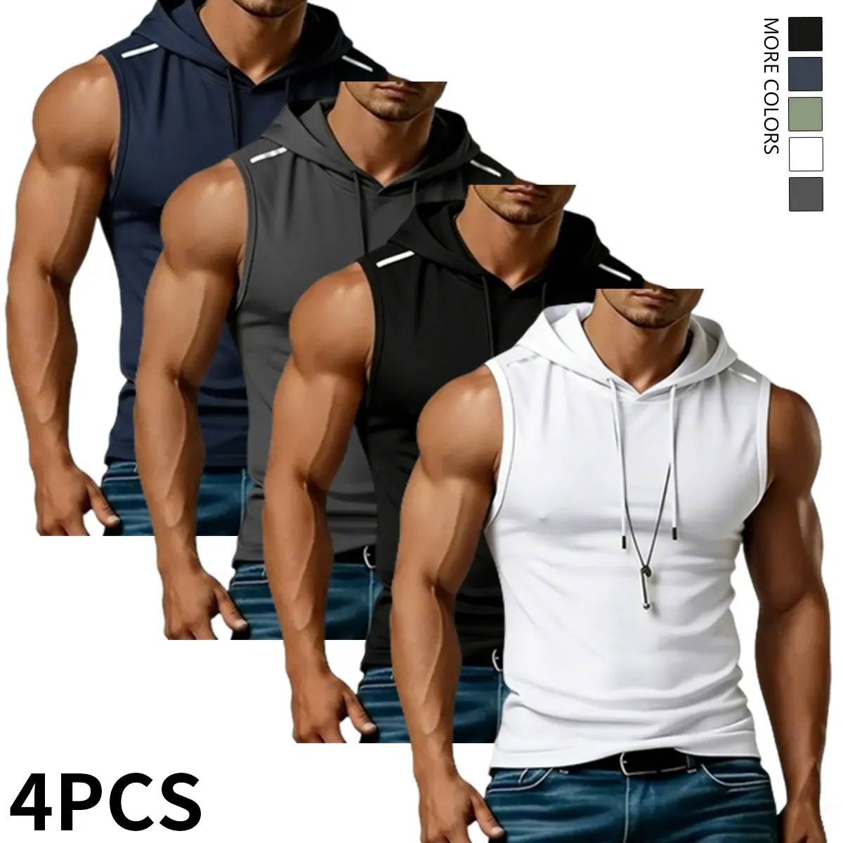 4-piece set of men’s stylish hooded vests—summer casual wear, sportswear for exercise, ideal for the gym, running, and training, and a great choice for everyday wear,summervibes
