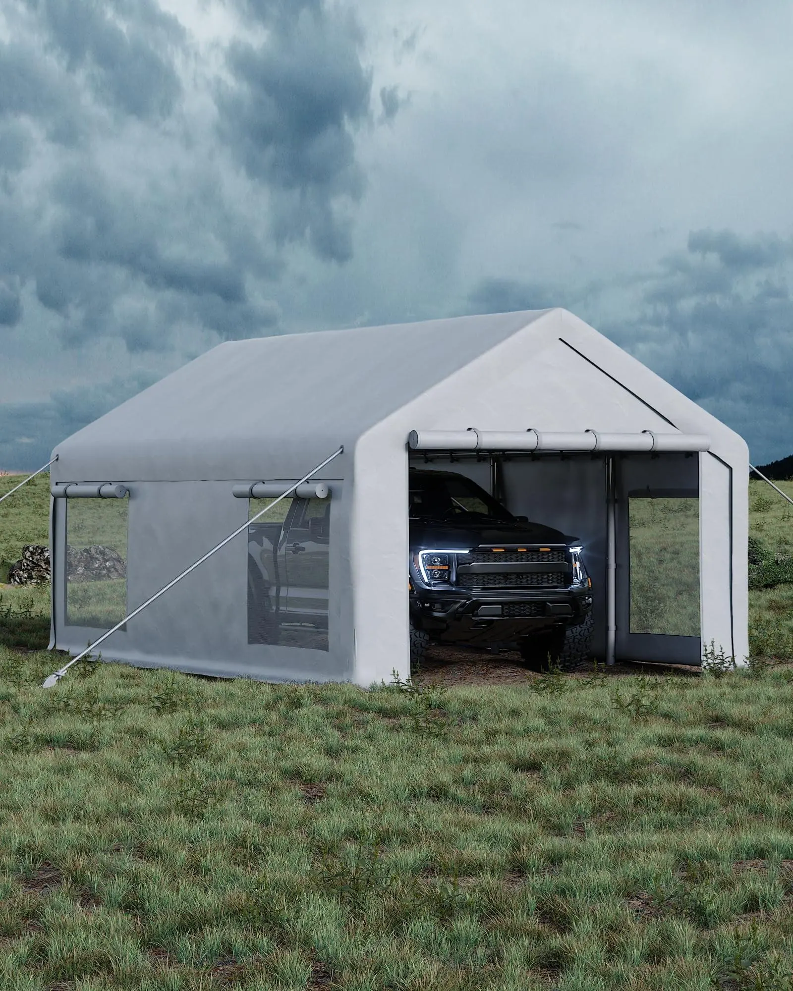 10x20 ft Portable Garage, Car Port with 200 g PE Tarp Canopy, with 2 Roll-Up Doors and 4 Windows, for Temporary Paint Booth, Boats&Pickups Shed, and Event Shelter, White