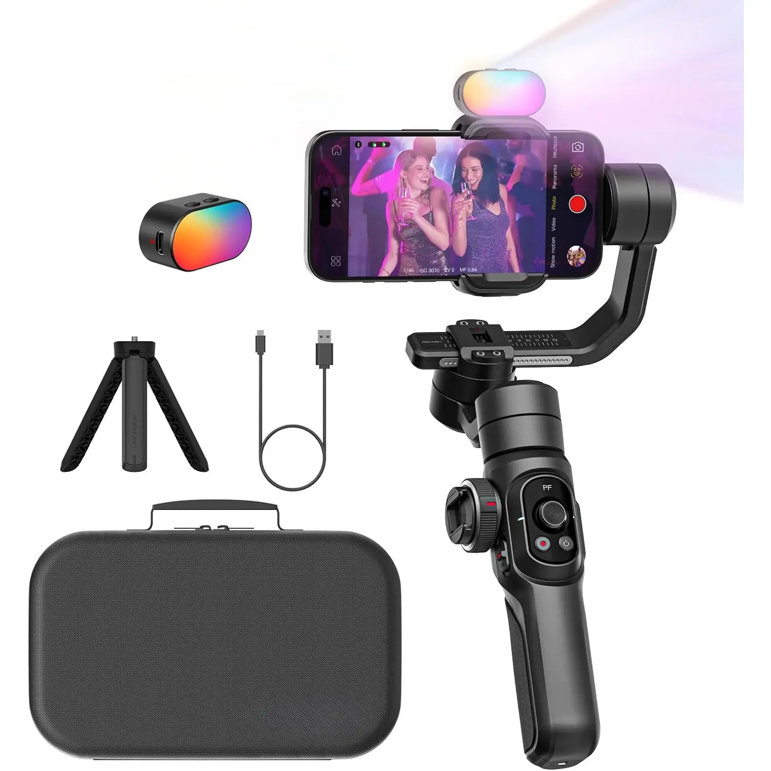 Gimbal Stabilizer for Smartphone, Phone Gimbal w/8" Extension Rod, Profession 3-Axis Stabilizer w/RGB Magnetic Fill Light for Video Recording, Compatible w/iPhone/Andriod-Smart S2 Kit