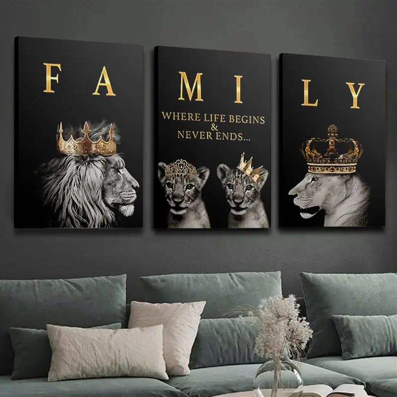 Glossy 3-Piece Framed Lion Family Canvas Poster Print Set - High-Quality Modern Minimalist Wall Art with Inspirational Quotes, Waterproof, Elegant Home Decor (Inclusive Box), Perfect Gift for Living Room Wall Decoration
