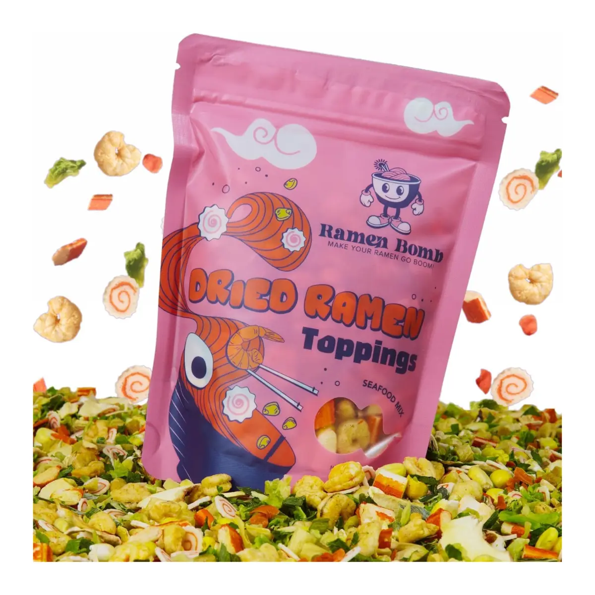 Dried Ramen Toppings - Seafood Mix with Dehydrated Vegetables, Ramen Toppers for noodles that include Dry Ramen Toppings with Fish Cake, (Small, Classic Seafood)