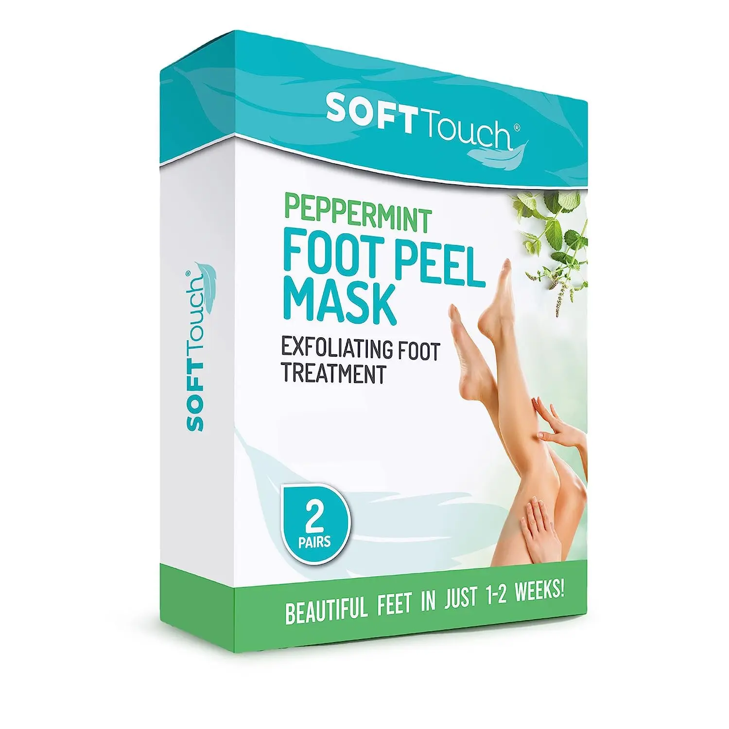 Dermora Soft Touch Peppermint Foot Peel Mask, 2 Pairs, Exfoliating Foot Mask for Dry Feet