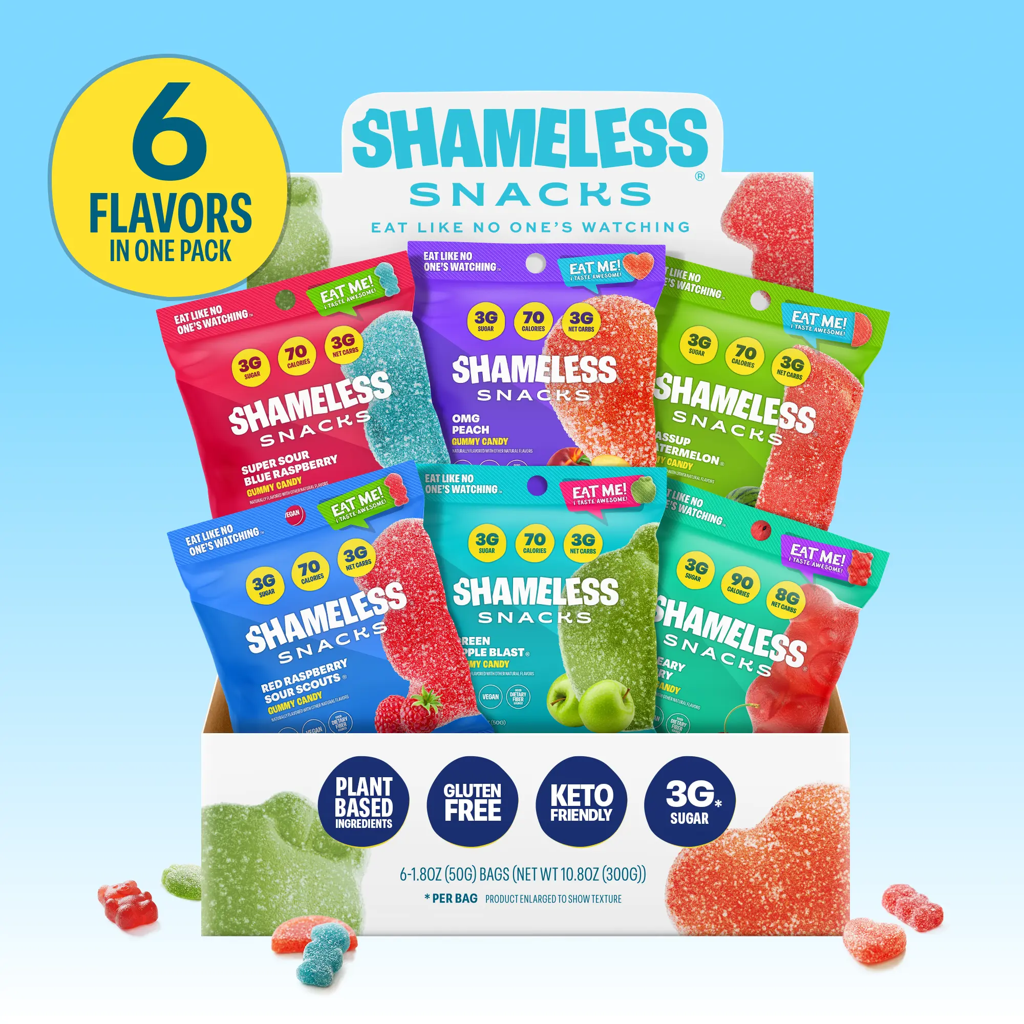 Shameless Snacks Variety Pack - Keto & Vegan Gummies (6 Bags), Snack, 3g Net Carbs, 3g Sugar, Gluten-Free, 70 Calories per Bag, The Candies, Non-GMO Fruity Sweets, Keto Fruity Sweets