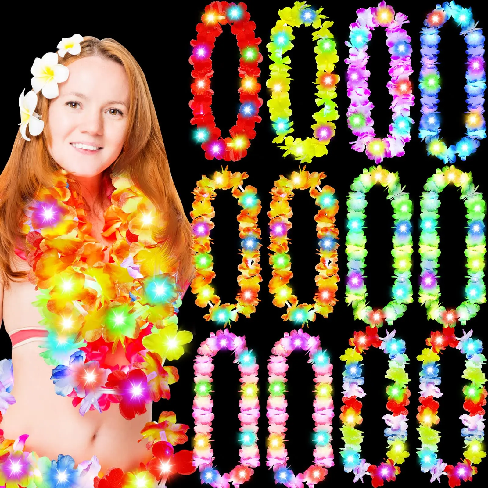 26 Pieces LED Lighted Hawaiian Lei Necklaces Hawaiian Party Lei Necklaces for Masquerade Parties, Beach Weddings and Tropical Themed Party Supplies graduation Masks Neon【SummerVibes】