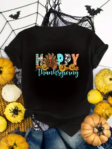 Happy Thanksgiving Graphic T-Shirt for Adults - Autumn Leaves Turkey Pumpkins Design, Soft Stretch Round Neck Casual Tee, Machine Washable Holiday Apparel, Thanksgiving T Shirts, Festive Top, Festive Design, Nontransparent Fabric