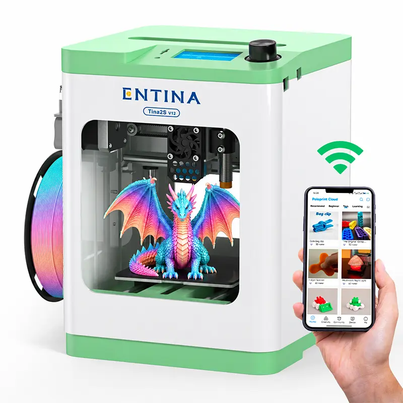 Entina TINA2S Fully Assembled 3D Printer - WiFi Cloud Printing, Auto Leveling, High Precision, High Speed Fan, Spring Steel Build, Unisex for Beginners, 3500+ Model Library, DIY Mini for Home/Office, Birthday/Valentine's Day Gift