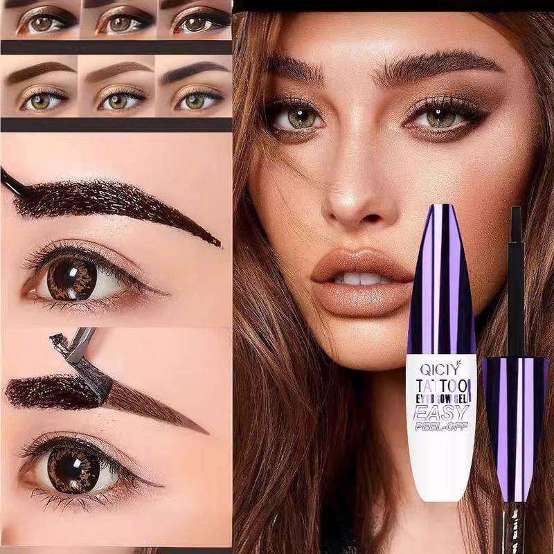 Easy-to-peel eyebrow gel that is waterproof and sweatproof, featuring long-lasting black or brown tattoo shades, film-forming application, and medium coverage suitable for all skin types. eye