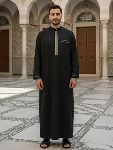 Men’s Traditional Muslim Thobe – Black Islamic Robe with Embroidery, Arabic Kaftan for Ramadan, Prayer & Daily Wear Summer