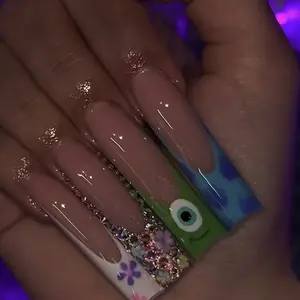 Monster University Cartoon Nail Art Set, Long Big Eye Monster Rhinestone Nails, Includes Jelly Glue & File, Perfect for Holidays, Rhinestone Embellished Nail Kit, Nail Art Products