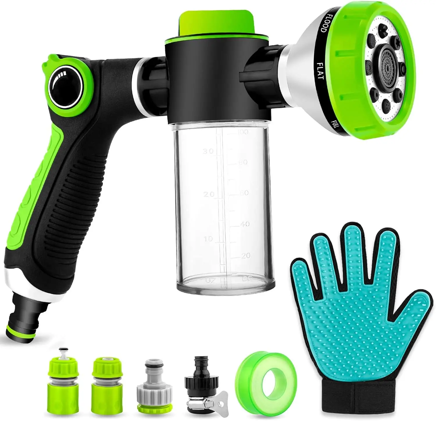 Upgraded Dog Wash Hose Attachment - 8-in-1 Sprayer Mode Garden Hose Nozzle, Pet Grooming Glove, 100cc Soap Dispenser for Pet Showering, Car Washing