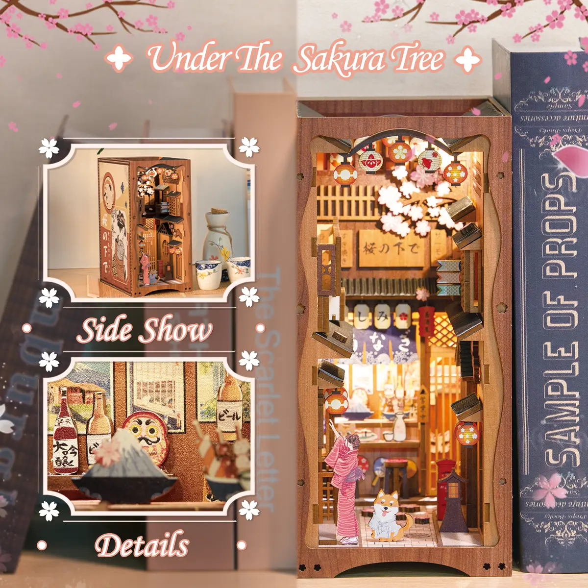 CUTEBEE DIY Book Nook Model Kit - Under the Sakura Tree Japanese Wooden Miniature Street with LED Light, 214-Component Anime Brick Wall Collectible Construction Set, Handmade Adult Decor Gift (Christmas)