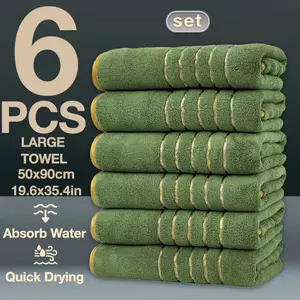 6pc Luxury Coral Fleece Towel Set, 6 Large Premium Bath Towels 50x90cm, 300gsm, Super Soft, Highly Absorbent, Fast Drying, Gold Embroidery