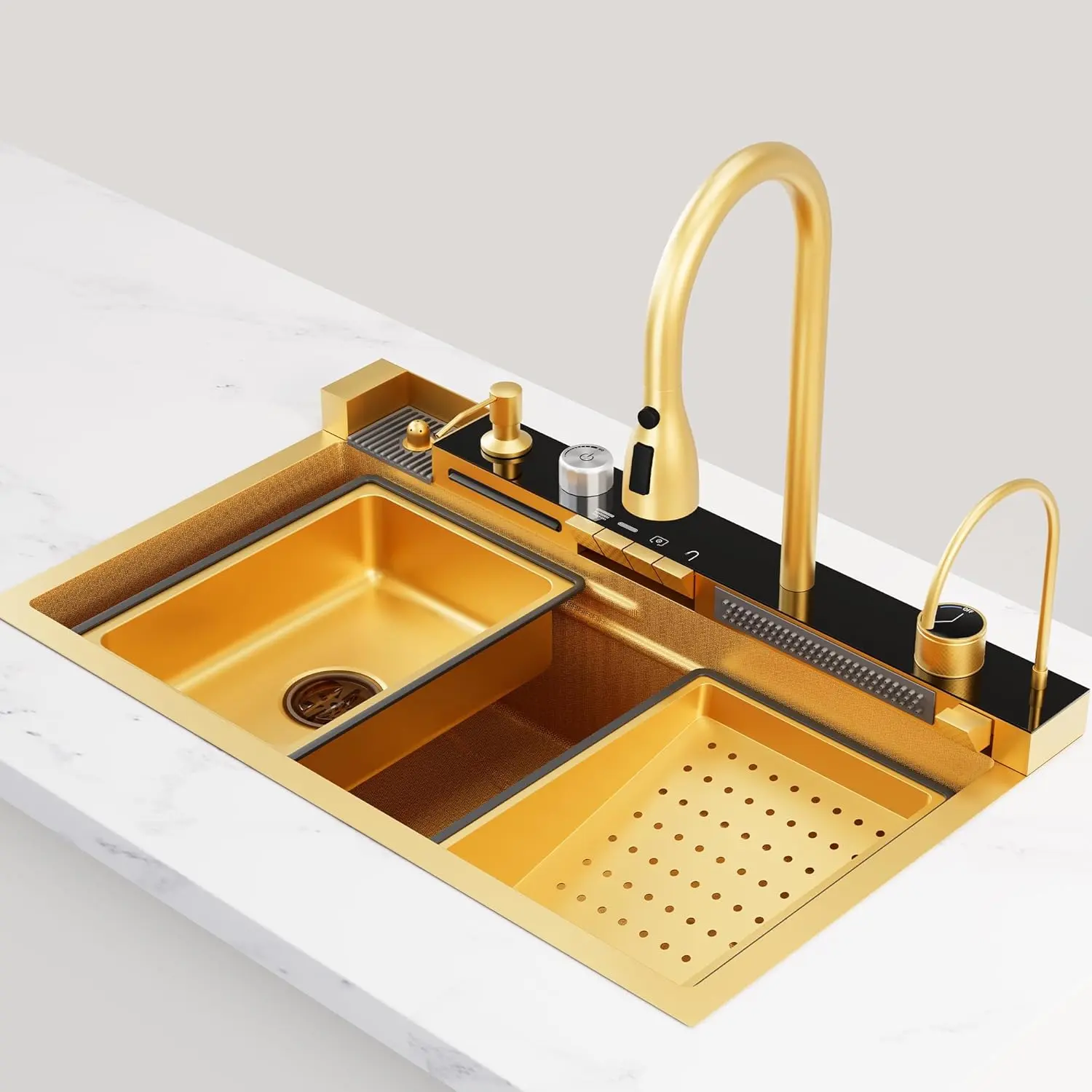 Bronstarz 33x22 INCH Digital Display Embossed Stainless Steel Gold Raindance Waterfall Sink with Pressurized Cup Washer and Two Waterfalls