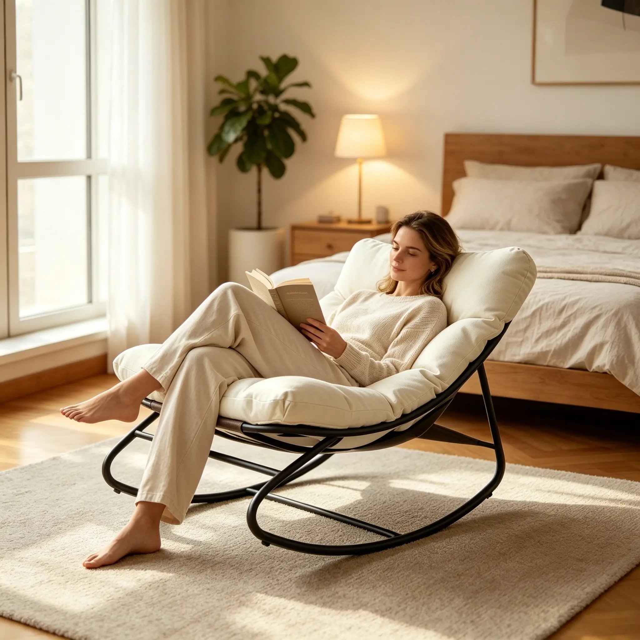 Ergonomic Rocking Recliner Chair, Thick Plush Cushion Lounge Chair for Patio Bedroom Balcony Reading & Nap cushioned comfy glider