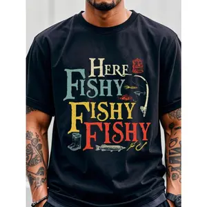 Men's "Here Fishy Fishy" Graphic T-Shirt - 100% Cotton Breathable Quick-Dry Crew Neck Tee with Colorful Fishing Design, Lightweight 180gsm All-Season Casual Shirt for Outdoor Enthusiasts, Fishing Gear