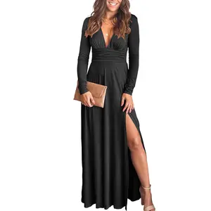 ANRABESS Women's Deep V Neck Short Sleeve Long Dresses Pleated High Waist Slit Club Party Evening Maxi Dress