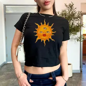 [Sale off up to 65%] Celestial Baby Tee, Black Fitted Crop Top, Vintage Sun Graphic Shirt, 90s Aesthetic Clothing, Y2K Nostalgia Tee, Handmade Graphic