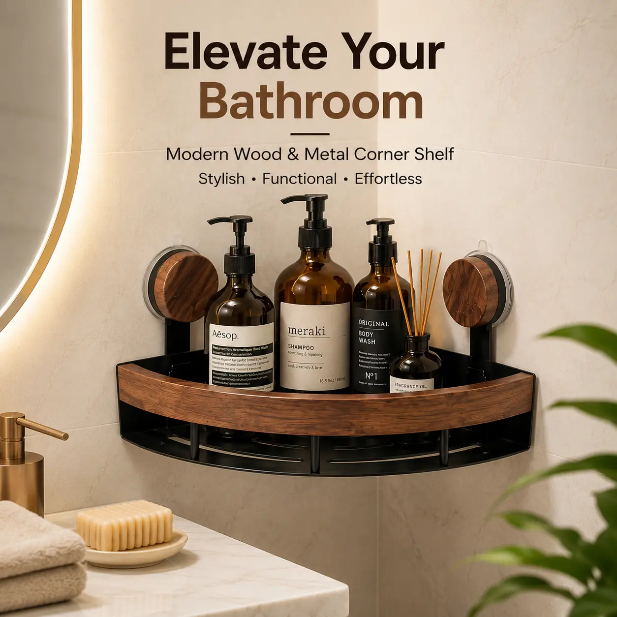 Modern Bathroom Corner Shelf Organizer - Wall-Mount Wood Grain Shower Caddy, Space-Saving Accessory for Apartments, Dorms, Bath Storage Solutions & Organized Setup