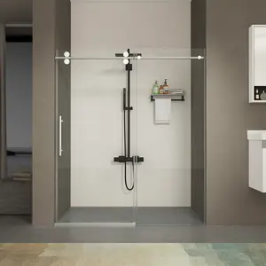56" - 60" W x 76" H Single Sliding Shower Door, Frameless Bathroom Sliding Door with 1/4" (6mm) Tempered Glass for Walk-in Shower, Brushed Nicke