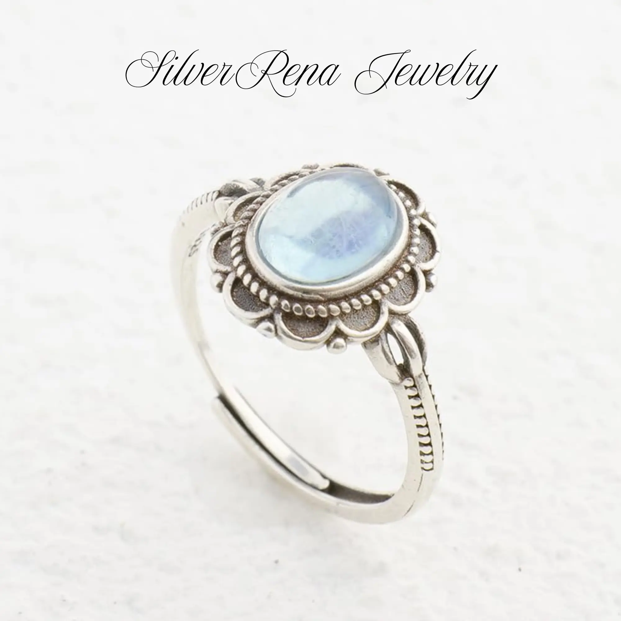 Women's S925 Sterling Silver Classic Oval Cut Synthetic Moonstone Ring, Vintage Romantic Lace Design, March Birthstone Jewelry Gift for Daily Wear & Gatherings