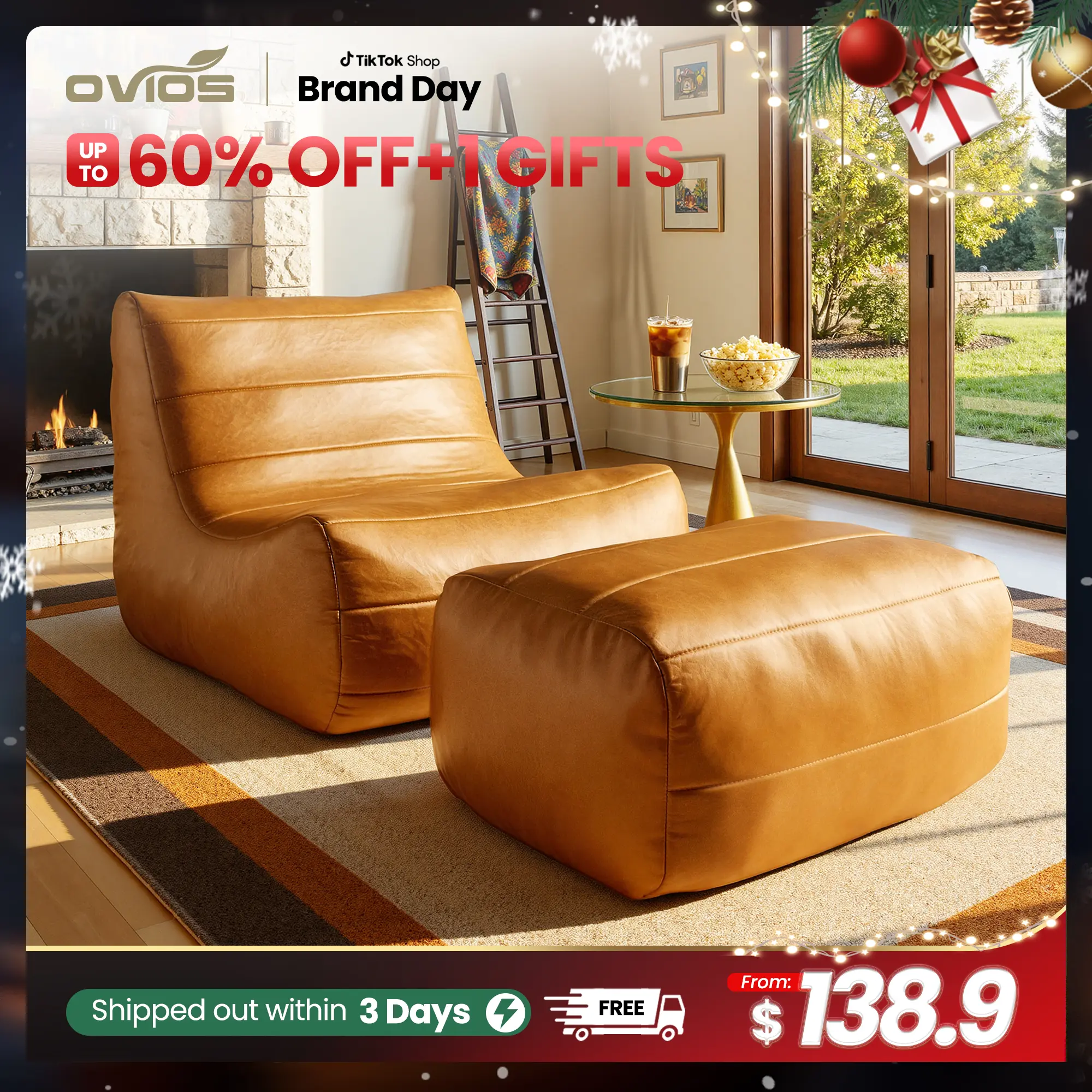 【Summerfinds】Ovios 37'' BeanBag Chair Lazy Sofa Couch with Ottoman for Adults - Luxury Faux Leather - No Assembly Required, Plush Giant Oversized Fluffy Lounger Dod Bed for Home, Apartment, Gaming Venue & Dorm