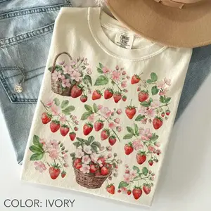 Comfort Colors Strawberry Flower T-shirt, Berry Tshirt, Botanical T-shirt, Cottagecore Garden Aesthetic Berries Fruit Tee Fruit Lover Gift