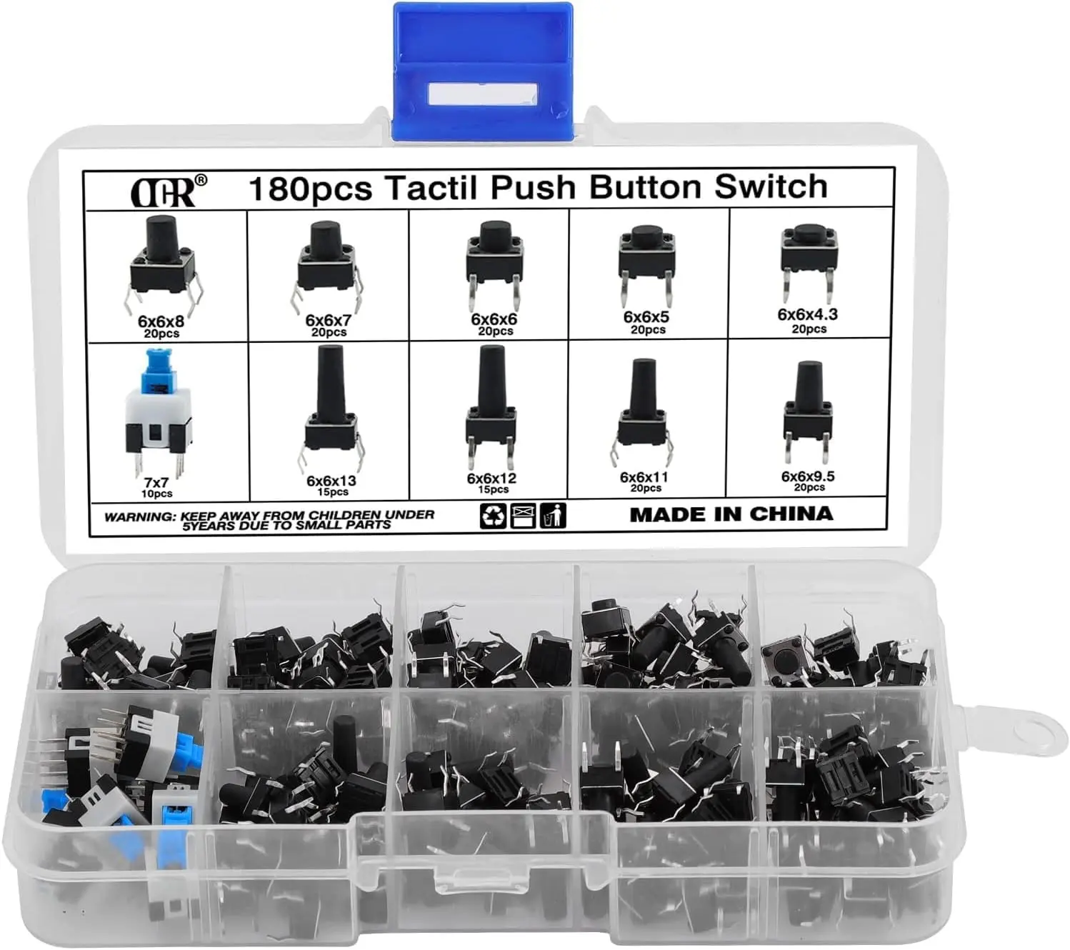 180Pcs Tactile Push Button Switch Assortment Kit, 10 Values 6x6mm 4-Pin Micro Momentary Tact Switch Set