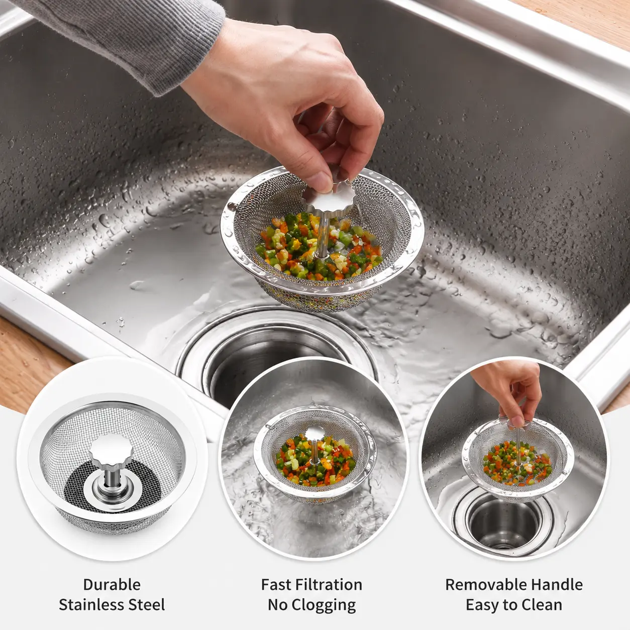 1-Pack Stainless Steel Kitchen Sink Strainer Drain Filter - Movable Handle, Fine Mesh, 82x71x27mm Round Design - Catches Food Residues for Household Indoor Home Kitchen Use