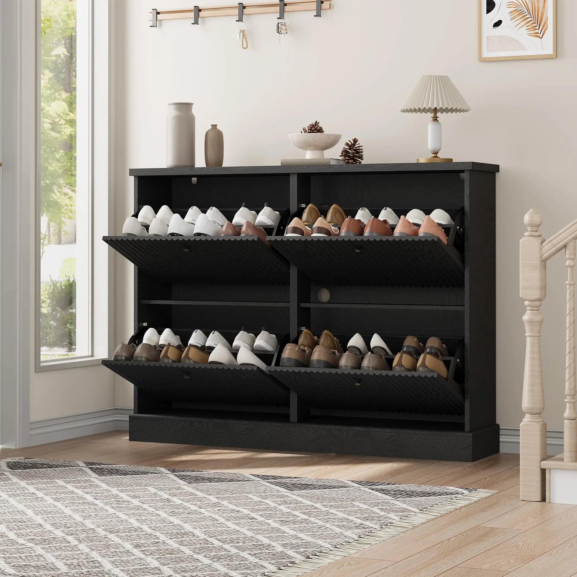 Garvee Minimalist Narrow Design Shoe Storage Cabinet with 4 Flip Drawers, Compact Storage Unit with Adjustable-Removable Shelves, Freestanding Drawers and Cubbies Shoe Organizer for Entryway, Hallway, Black, Drawers And Cubbies Shoe Storage