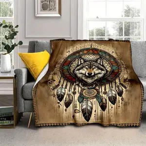 1pc Indian Dreamcatcher Wolf Blanket - Lightweight Flannel Throw For Sofa, Bed, Travel, Camping, Livingroom, Office, Couch, Chair, And Bed - Digital Printing Flannel Blanket With Soft And Warm Flannel Fabric-280GSM