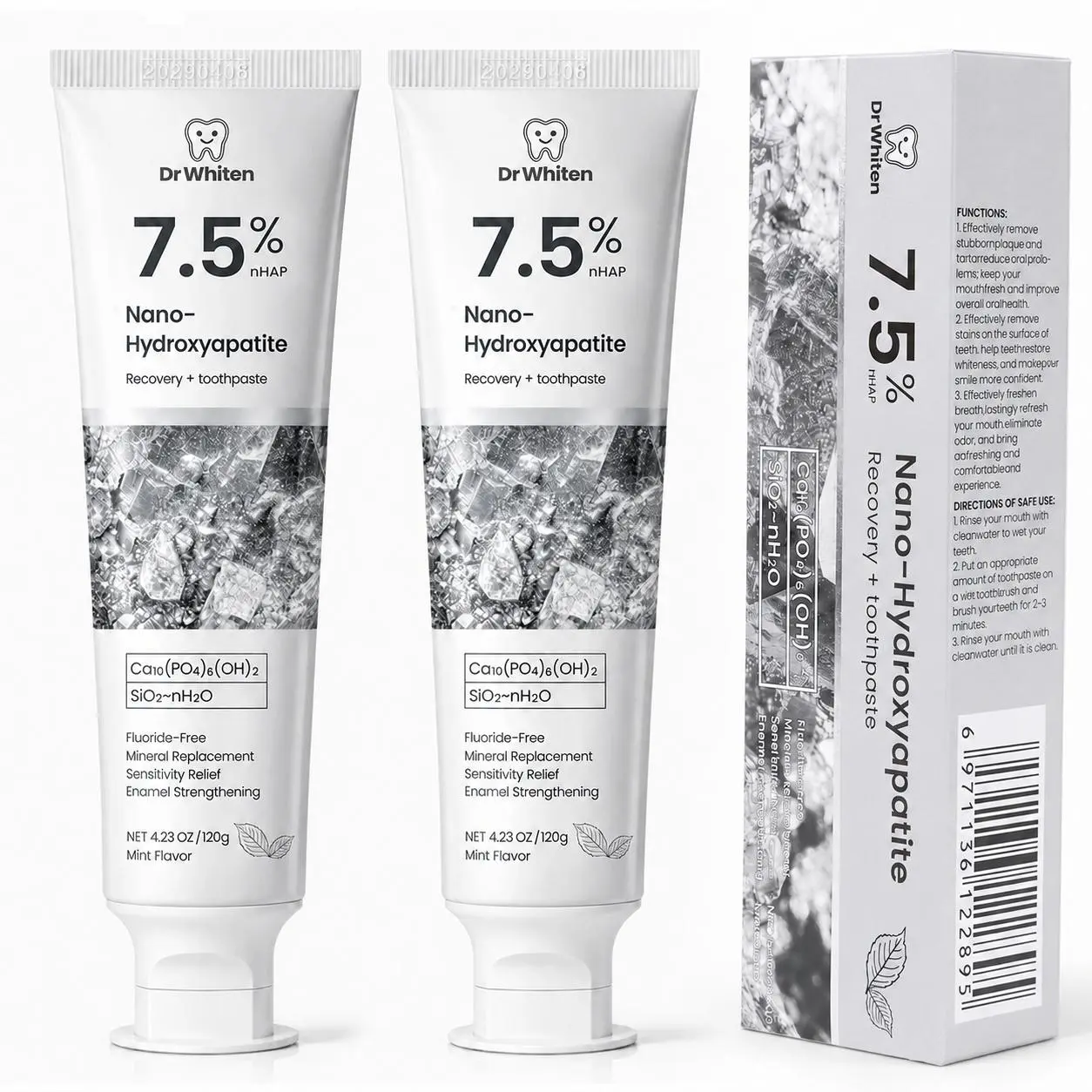 DrWhiten Nano Hydroxyapatite Toothpaste 7.5%25 nHAP, 4.23 oz – Enamel-Strengthening • Fluoride-Free • Natural Peppermint • Ideal for Sensitive Teeth