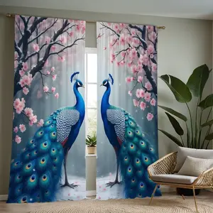 Fashionable Peacock & Plum Print Curtains, Rod Pocket Window Drapes for Bedroom and Living Room, Comfortable Atmosphere, Easy Installation