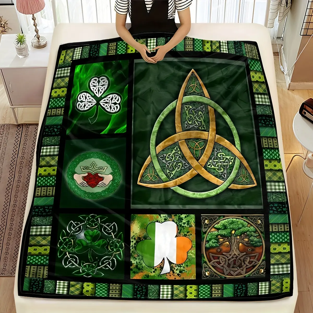 Plush Rectangular Soft Flannel Fleece Throw Blanket - 100×130cm(40×50inch), Contemporary Celtic Irish Patterns with Triquetra, Clover, Green-Black Design, Home Festive Decor Gift for Home Users’ Seasonal Comfort