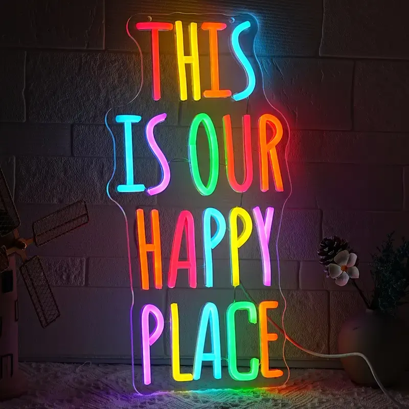summerwins "This is Our Happy Place" Decorative Neon Sign - RGB Modern LED Decoration, USB-Powered Framed Wall Decor with Adjustable Light Modes, Ambient Lighting Multifunctional Interior LED Lights with Protective Film for Bedroom, Gym, Classroom