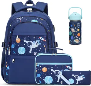 SIMILOVE Boys' School Backpack Set - Back to School Supplies with USB Port, Insulated Lunch Bag, Pencil Case, 18/8 Stainless Steel BPA-Free Leak-Proof Double Tumbler with Metal Straw, 11.8*5.9*17.7in Insulated Bottle (Ideal for Children's Day, Biking)