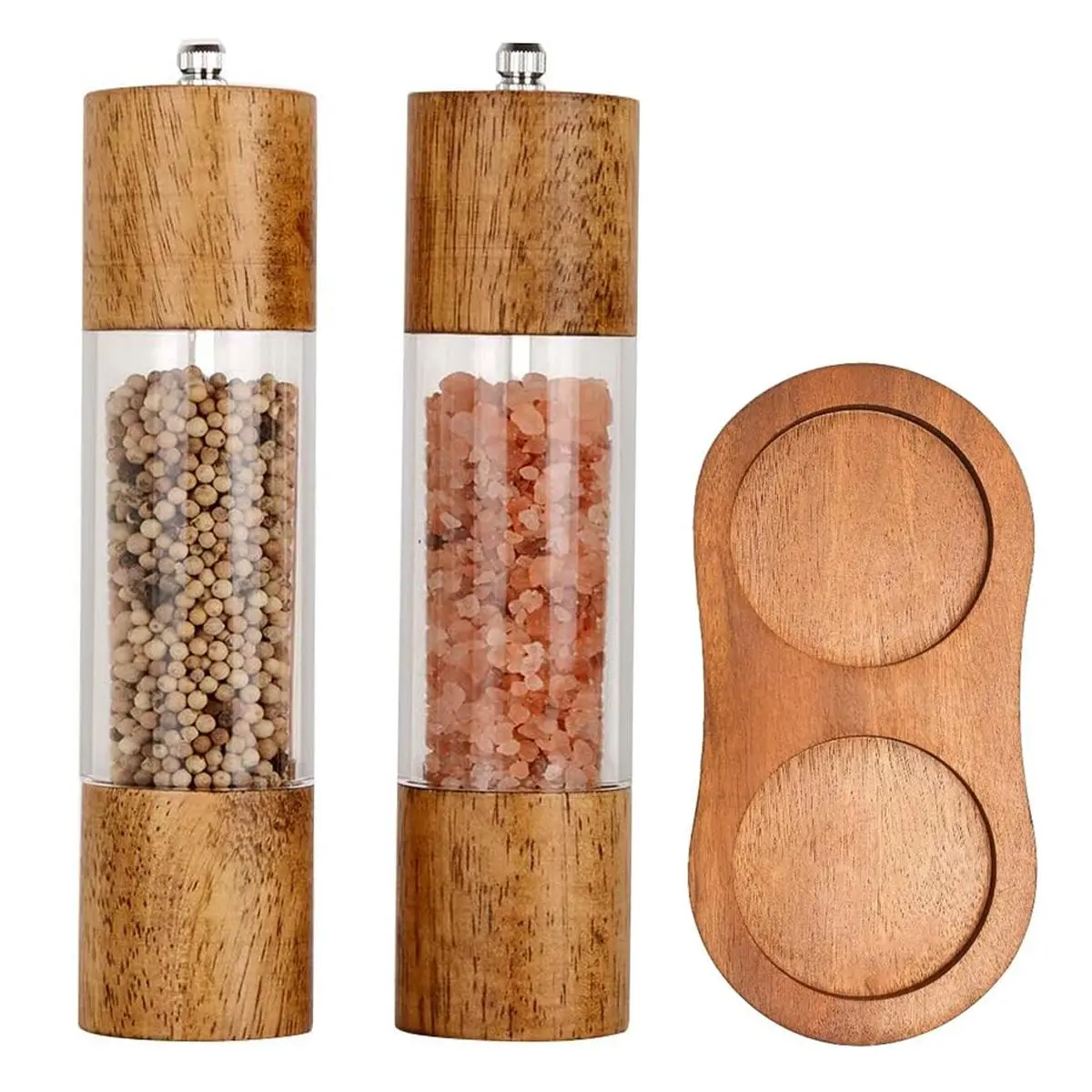 Wooden Pepper Mill Set, Salt Pepper Shakers, 1 Count/2 Counts/set Clear Acrylic Pepper Grinding Bottle & Wooden Base, Seasoning Utensils for Home Kitchen, Kitchenware, Kitchen Gadgets