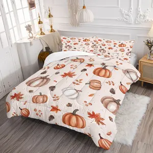 Autumn Pumpkin Maple Leaf Bedding Set, Includes 1 Quilt and 1/2 Pillowcases, Cozy Fall Bedroom Decor, Warm Autumn Scene Decoration