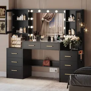 58.3" Vanity Desk with Mirror, Replaceable Lights & Charging Station, 8 Drawers and 2 Cabinets, Large Bedroom Dressing Table Makeup Vanity Set Without Stool, White/Black/Pink