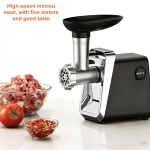Electric meat grinder, vegetable chopper, sausage filling machine, equipped with push rod, sausage filling device, and 3 different knife nets. The components are detachable and easy to clean. Suitable for grinding meat and vegetables, and filling sausages